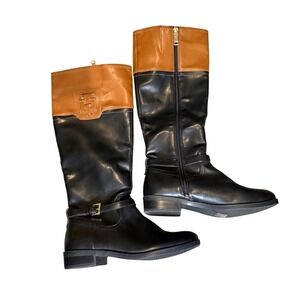 Tommy Hilfiger Women's Knee High Boots Black Tan Logo Buckle Zip Size 8